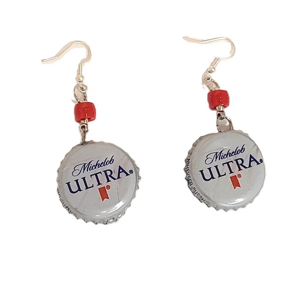 Silver Tone Michelob Ultra Silver Bottle Top Boho Drop Dangle Hook Earrings - Picture 1 of 5